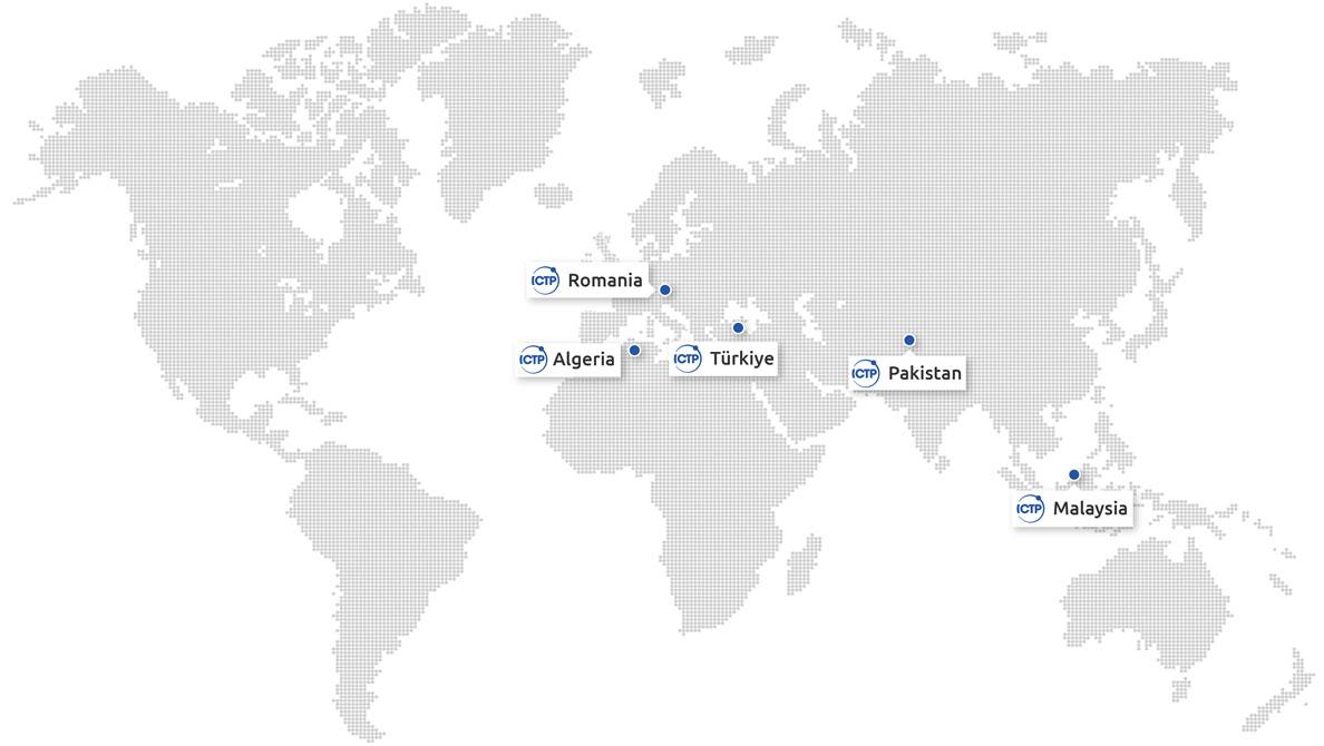 ICTP 2025 Affiliated Centres map: Algeria, Malaysia, Pakistan, Romania and Türkiye